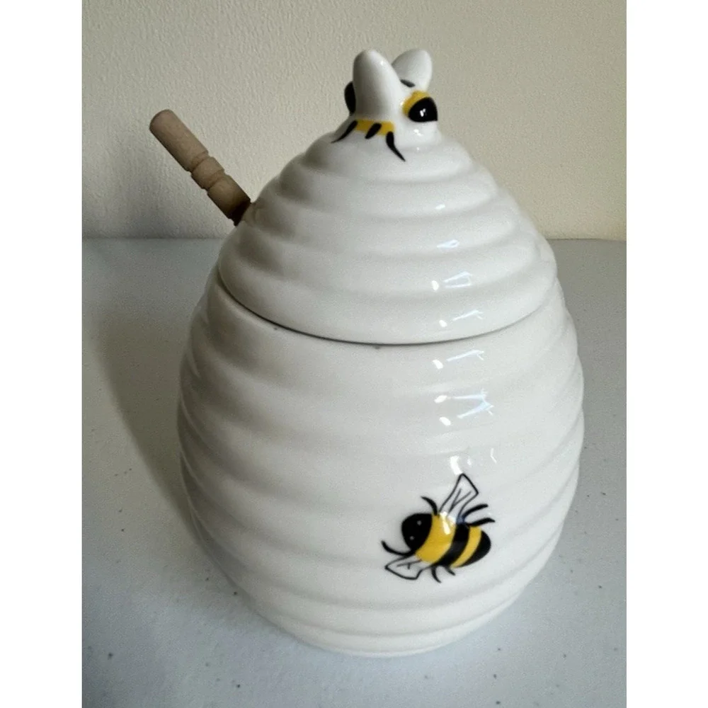 Ceramic Bee Honey Jar Wooden Dipper Beehive Kitchen Decor Cottagecore Farmhouse